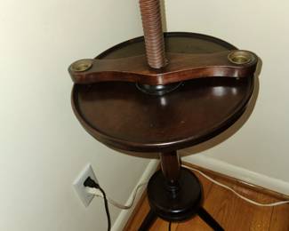 Antique Maple wood Spool Table with lamp and
candleholders American Victorian Era
