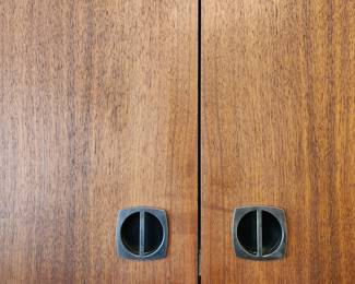 Pair of free-standing Ello MCM solid walnut shelving units (door pulls)