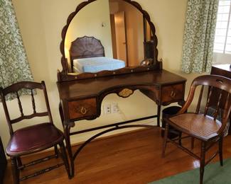 pair antique, carved beds with matching  vanity & tall dresser