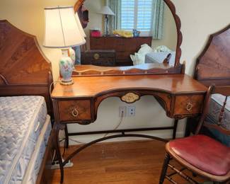 pair antique, carved beds with matching  vanity & tall dresser
