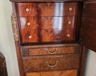 pair antique, carved beds with matching  vanity & tall dresser