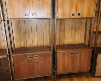 Pair of free-standing Ello MCM solid walnut shelving units