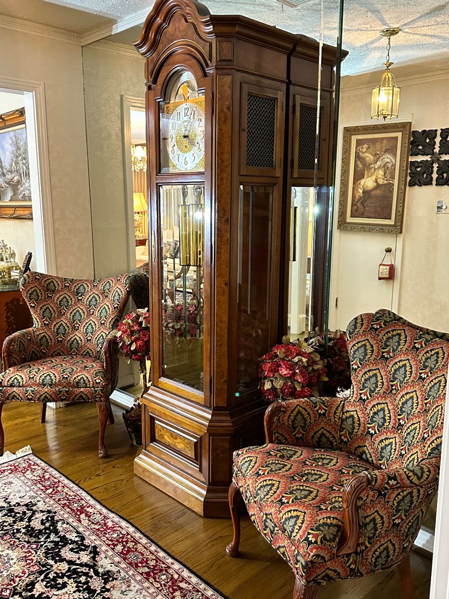 Howard Miller Grandfather Clock with 5 Settings, and Brass Pipe Chimes... Vintage Wing Back Chairs, Silk Area Rug