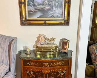 Marble Topped, Inlaid Wood Front, 3 Drawer Chest 