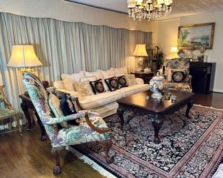 Formal Cream Rope Trimmed Sofa, High Back Arm Chairs, Formal Cherry Cocktail Table and Matching End Table, Room Size Area Rug, Capodimonte Lamps, Urns, Candy Dishes, Pitchers...
