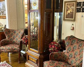 Howard Miller Grandfather Clock with 5 Settings, and Brass Pipe Chimes... Vintage Wing Back Chairs, Silk Area Rug