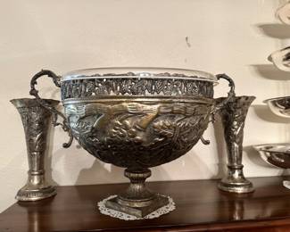 Silver Plated LARGE Punch Bowl, and 2 Vases