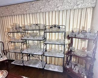 5 (4 pictured here) sets of shelves loaded with Vintage Fostoria American Clear...