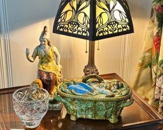 Wonderful, Vintage Metal Overlay of Glass Panels  Lamp and Nice Faux Majolica Pieces....