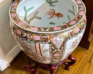 Large Chinese Fishbowl, Jardinierre with Carved Wood Stand
