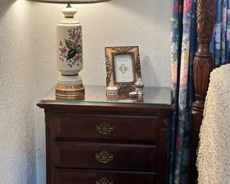 Pair of Glass Topped, 4 Drawer Night Stands and Vintage Lamps 