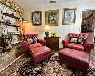 Red Leather, Chairs and Ottomans by Latitudes, Antique Marble Topped Wash-Stand