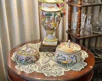 Vintage 28" Glass-Topped Round End  Table, As well as a Capodimonte Lamp, and Two Capodimonte Covered Pieces