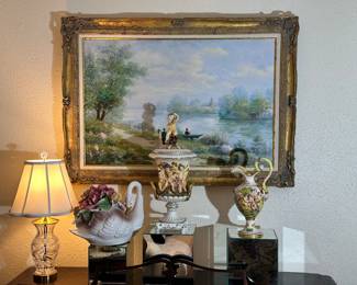 Waterford Crystal: "Lismore" Lamp, and 3 Lovely Capodimonte Pieces
