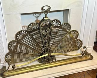 Vintage Brass Peacock Fireplace Screen, Vintage Brass Fireplace Fender (Surround)