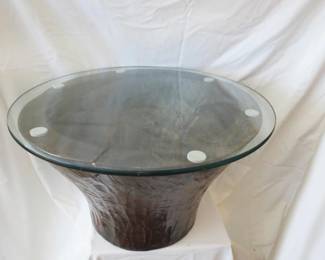 Lot#  03    Carved Tree Stump Coffee Table with Circular Glass Top                                                   $ 225.00