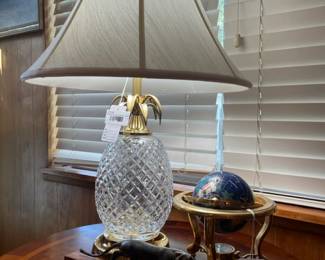 Waterford Crystal Pineapple Lamp, World Globe Semi-Precious Gemstone Inlay with Brass Stand