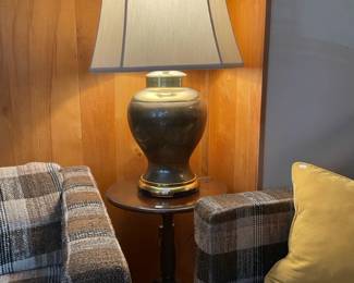 Vintage plaid sofa and loveseat Enlauder Triangle, Brass table lamp, Wood pedestal side table plant stand
