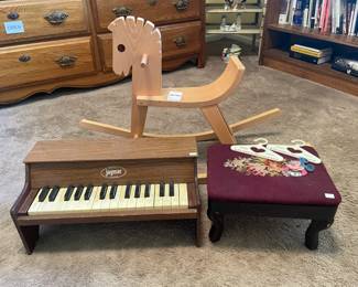 Wooden Rocking Horse, Needlepoint footstool,  Jaymar piano
