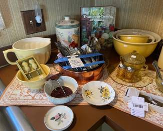   Lenox Plume Flatware, William Sonoma mixing bow, William Sonoma lemon butter spreaders,Fruit cookie jar