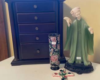 Bombay wooden jewelry case, Faux jade geisha, Tavistock vase, Gail Pittman cross