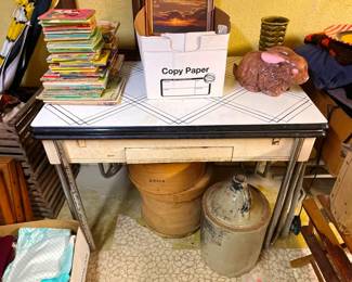 Vintage stack of kid's books, enamel top table, antique crock, plus