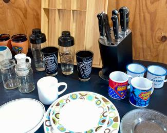 Corelle Dishes, Coco cola vintage glass plates, knife set, coffe cups, shakers