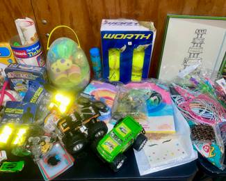 Cars, trucks, neon bands, party supplies 