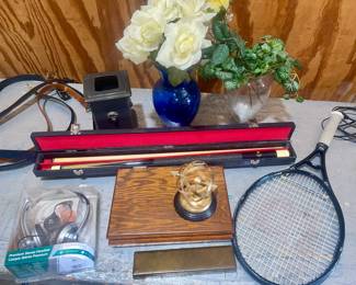 Pool cue, tennis racquet, home decor, electronics, headphones, jewelry boxes