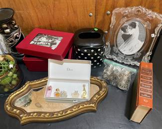 Mirrors, photo boxes, trays, books, Pottery Barn 