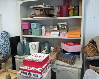 Beautiful wooden desk, gift boxes, vases