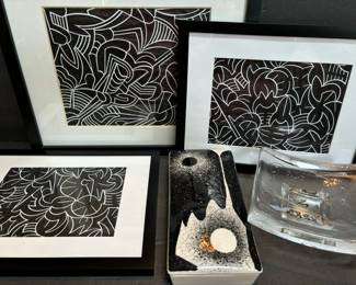 Pen And Ink Art Kosta Boda And Ceramic Lidded Box