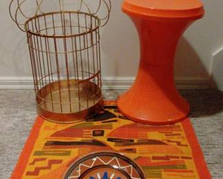 Plastic Orange Stool Brass Bird Cage and Other Decor