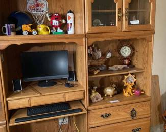 Bookcase And Desk Ensemble With Lenovo, Monitor Speakers And Keypad