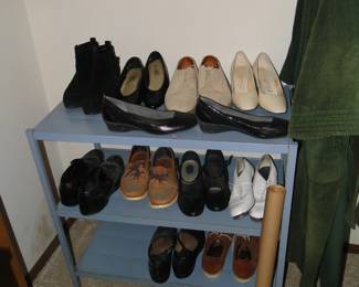 Metal shelving rack is also for sale, and so are the shoes