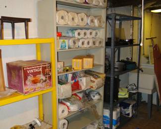 And paper supplies, and napkins and toilet paper, and large metal shelving unit