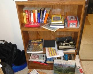 Bookcase with random books, thrown around for looks