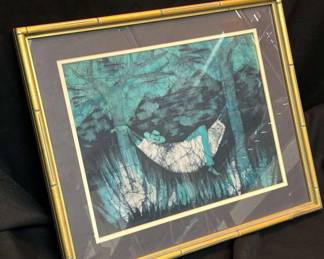 Framed Batik Painting Sleeping In Hammock