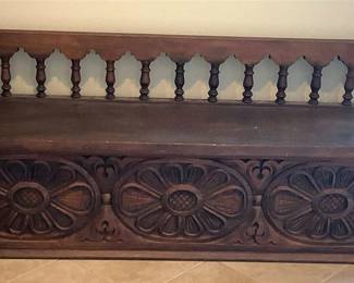 Wood Carved Bench With Under Seat Storage