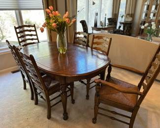 Wood Dining Table with 2 Leafs , 6 Chairs