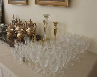 Waterford Crystal glassware, Brass candlesticks and silver tea set with tray. 