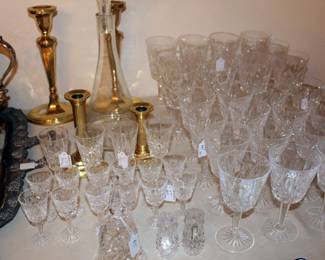 Waterford Crystal glassware, Brass candlesticks. 