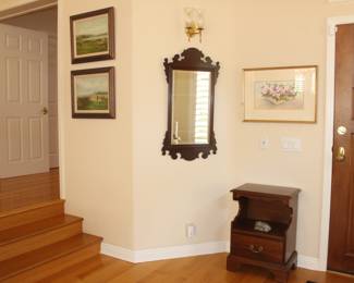 Hand painted acrylic golf themed paintings. Cherry wood Art Deco mirror. 