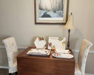 Gorgeous dropside table!! Two modern chairs. Signed print