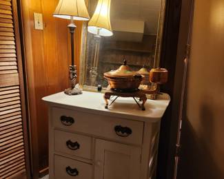 Nice older wash stand, vintage mirror, copper burner