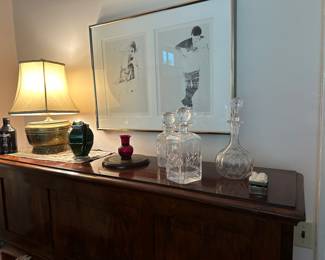 BRASS LAMPS, RUBY GLASS,WATERFORD CRYSTAL, VINTAGE BOTTLES, SILK DOILES, POTTERY ART