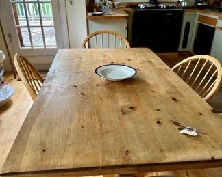 FARM TABLE WITH SIX WIDSOR CHAIRS