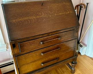 DROP FRONT THREE DRAWER OAK DESK