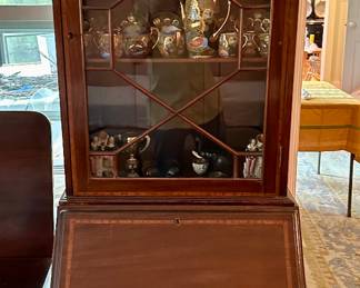 ANTIQUE MAHOGANY GLASS FRONT DROP DOWN SECRETARY WITH FOUR DRAWERS