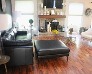 BUY IT NOW!  $975.00.                                                                           West End/Williams Sonoma Black Leather                        sofa w/41" sq. ottoman. 97" L x 39 1/2" W.